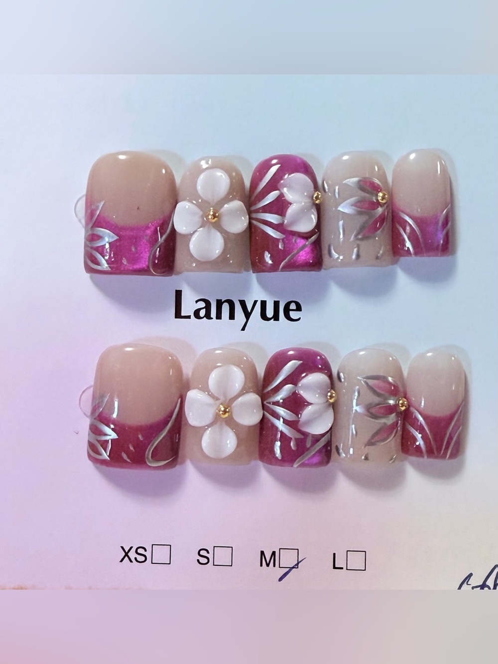 Pink Floral Press-On Nail Set — Nude Pink Accent baby duck